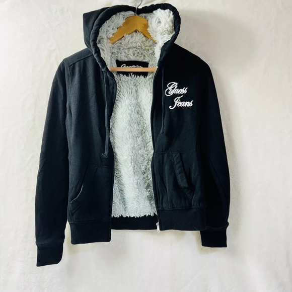 Guess Jeans ZipUp Hoodie Black Faux Fur Lined Y2K 90s Goth Grunge Bella Swan EMO - Picture 10 of 10
